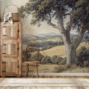 Removable Landscape Mural Wallpaper, Pastoral Wall Paper Mural, Scenic Wallpaper with Trees, Rural Landscape Wallpaper Peel and Stick
