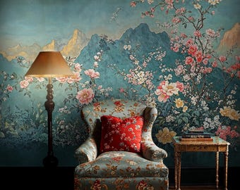 Blaue Chinoiserie Blütenbaum Tapete zum Aufkleben
