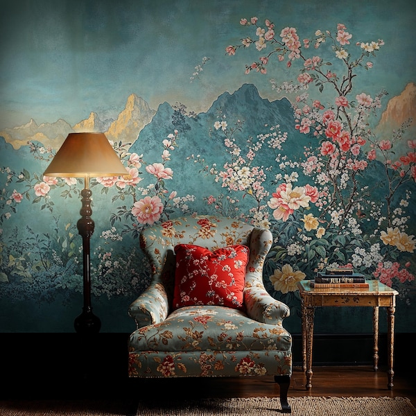 Papel pintado autoadhesivo con diseño de árbol en flor de chinoiserie azul