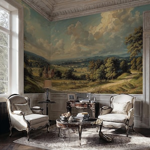 Panoramic Landscape Wallpaper Peel and Stick, Scenic Wall Murals, Scenic Wallpaper Mural, Vintage Landscape Wall Mural Rural Painting