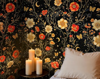 Celestial Botanical Peel and Stick Wallpaper: Dark Floral Crescent Moon Design