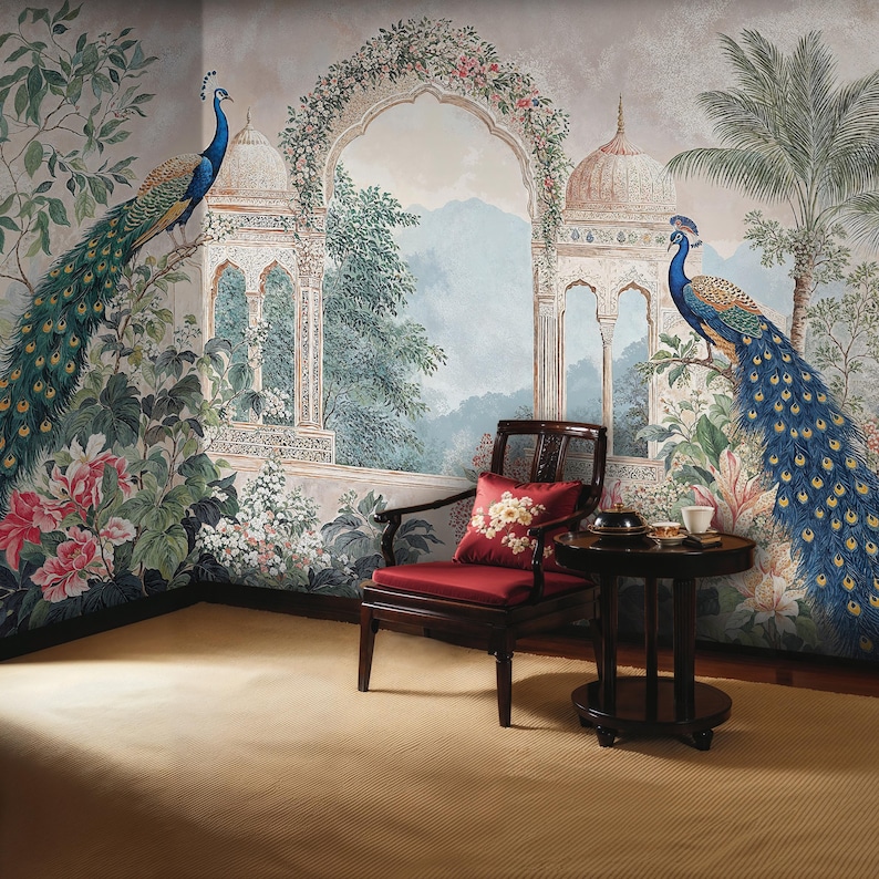 Mughal Garden Peel and Stick Wallpaper: Chinoiserie Peacock Mural - Etsy