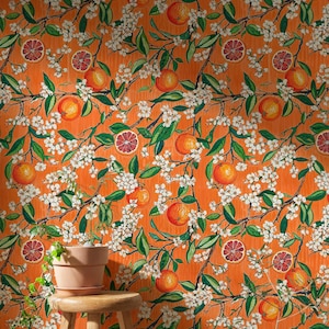 Papel tapiz autoadhesivo de frutas tropicales retro, mural de pared botánico de azahar, papel tapiz tradicional de cítricos exóticos.