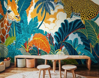 Peel and Stick-behang tropische jungle: muurschildering safaridieren