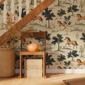 Waldpferde schälen und aufkleben Tapete, Vintage Reiter Tapete für Kinderzimmer, Retro Western Wandbild, Cottagecore Tapetenwandbild