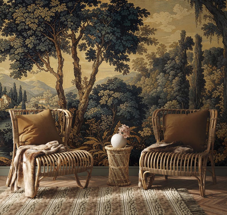 Scenic Wallpaper With Trees, Vintage Landscape Wall Mural Peel and ...