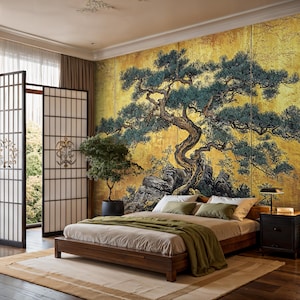Carta da parati staccabile e adesiva con albero di pino dorato di ispirazione asiatica, murale di lusso con albero giapponese, carta da parati con pino dorato di ispirazione Zen, rivestimento murale