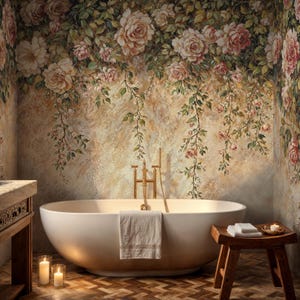 May include: A bathroom featuring a white oval bathtub, a wooden stool, and a floral mural with roses. The room has a warm ambiance with lit candles and a towel over the tub's edge. The walls are decorated with a vintage-style floral design, creating a relaxing atmosphere.