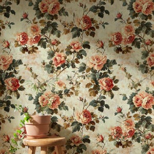 Carta da parati floreale Cottage Peel and Stick Beige, carta da parati rimovibile floreale Vintage, carta da parati Cottagecore, carta da parati con fiori di peonia botanica