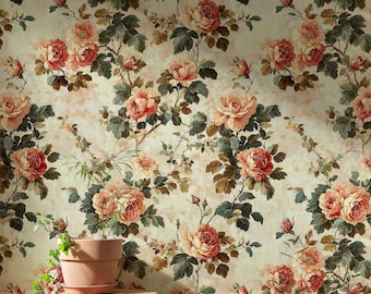 May include: A vintage floral wallpaper with a beige background and a repeating pattern of pink roses and green leaves.
