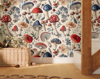 Vintage Mushroom Forest Wallpaper Mural: Peel and Stick Cottagecore