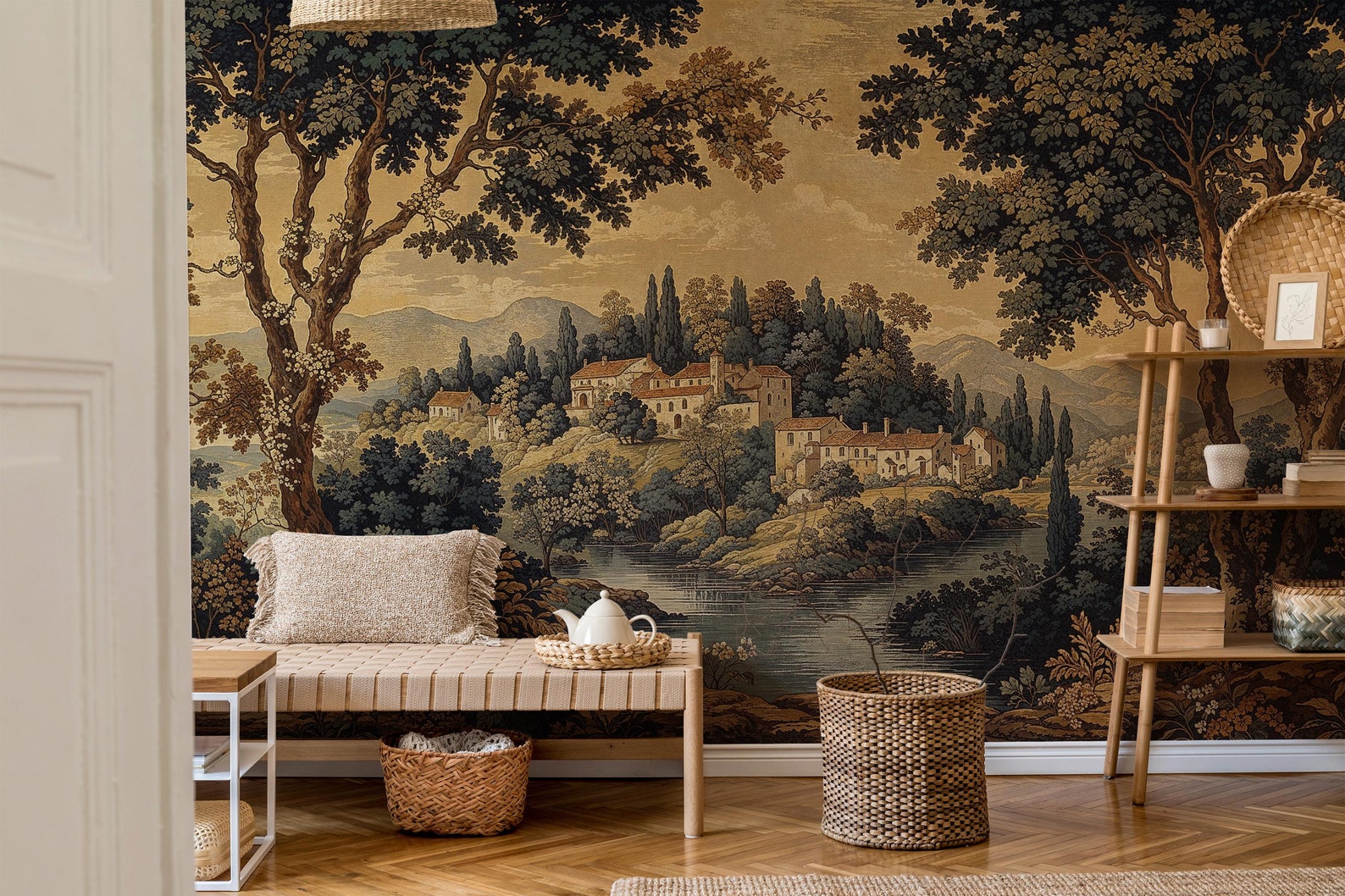 Scenic Wallpaper With Trees, Vintage Landscape Wall Mural Peel and ...