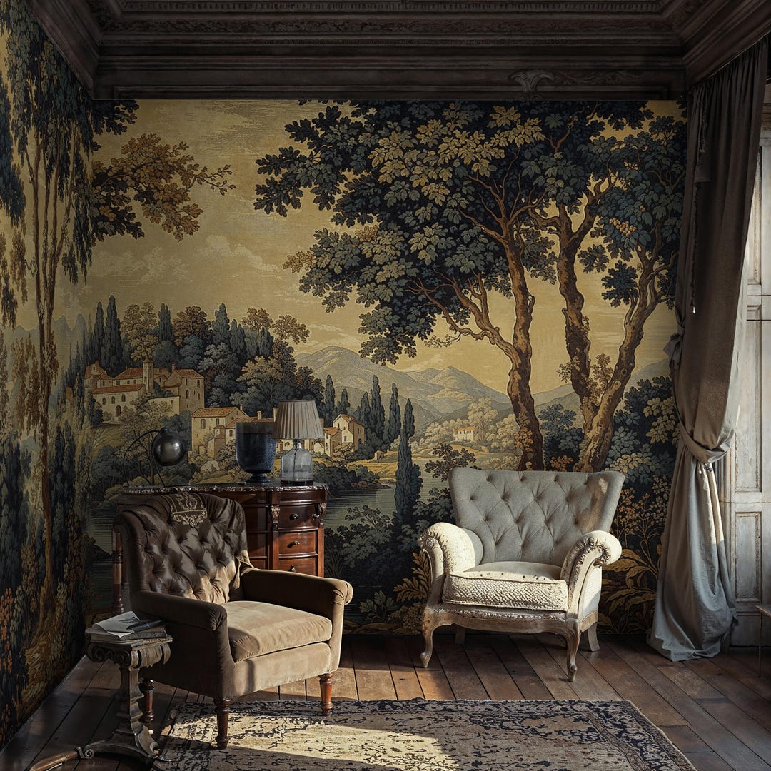 Scenic Wallpaper With Trees, Vintage Landscape Wall Mural Peel and ...