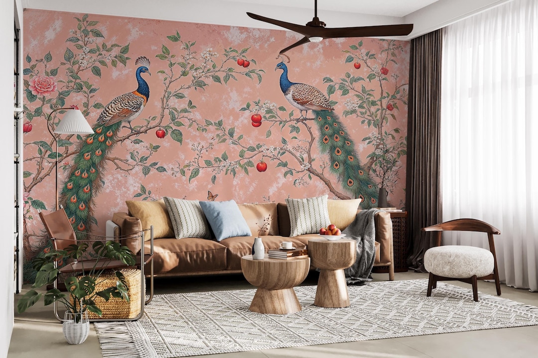 Pink Floral Chinoiserie Wallpaper, Chinoiserie Wall Mural Peacocks ...