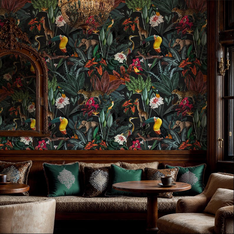 Dark Botanical Wallpaper Peel and Stick, Jungle Animals Wall Mural ...