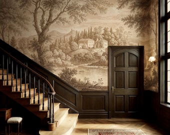 May include: A grand entryway featuring a detailed sepia-toned mural depicting a landscape with trees, buildings, and a lake. A wooden staircase with dark banisters and light-colored steps leads upwards. The space is illuminated by a wall sconce and natural light.