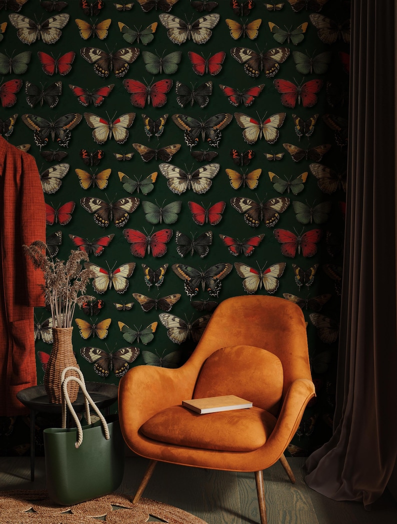 Butterfly Peel and Stick Wallpaper, Dark Green Botanical Wallpaper ...
