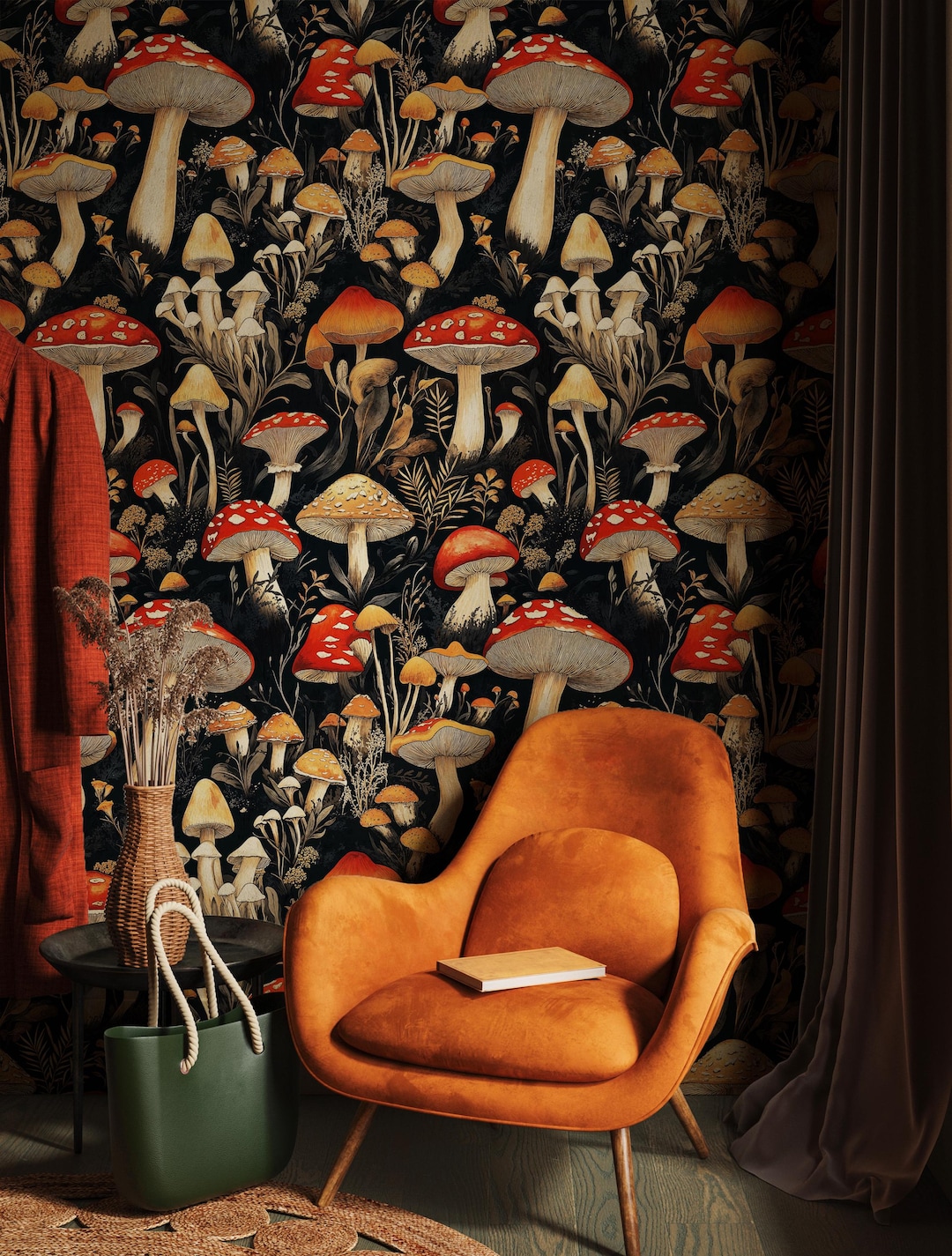 Dark Mushroom Wallpaper Peel and Stick, Dark Botanical Wallpaper ...