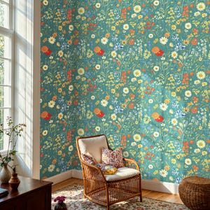 Papier peint floral bleu sarcelle, papier peint auto-adhésif petites fleurs sauvages pour mur d'accent, décoration murale traditionnelle botanique douce