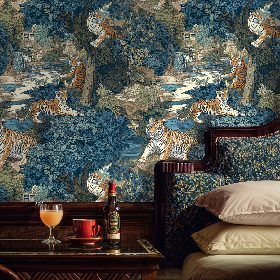 Vintage Toile Tiger Wallpaper: Peel and Stick, Chinoiserie Jungle Wall ...
