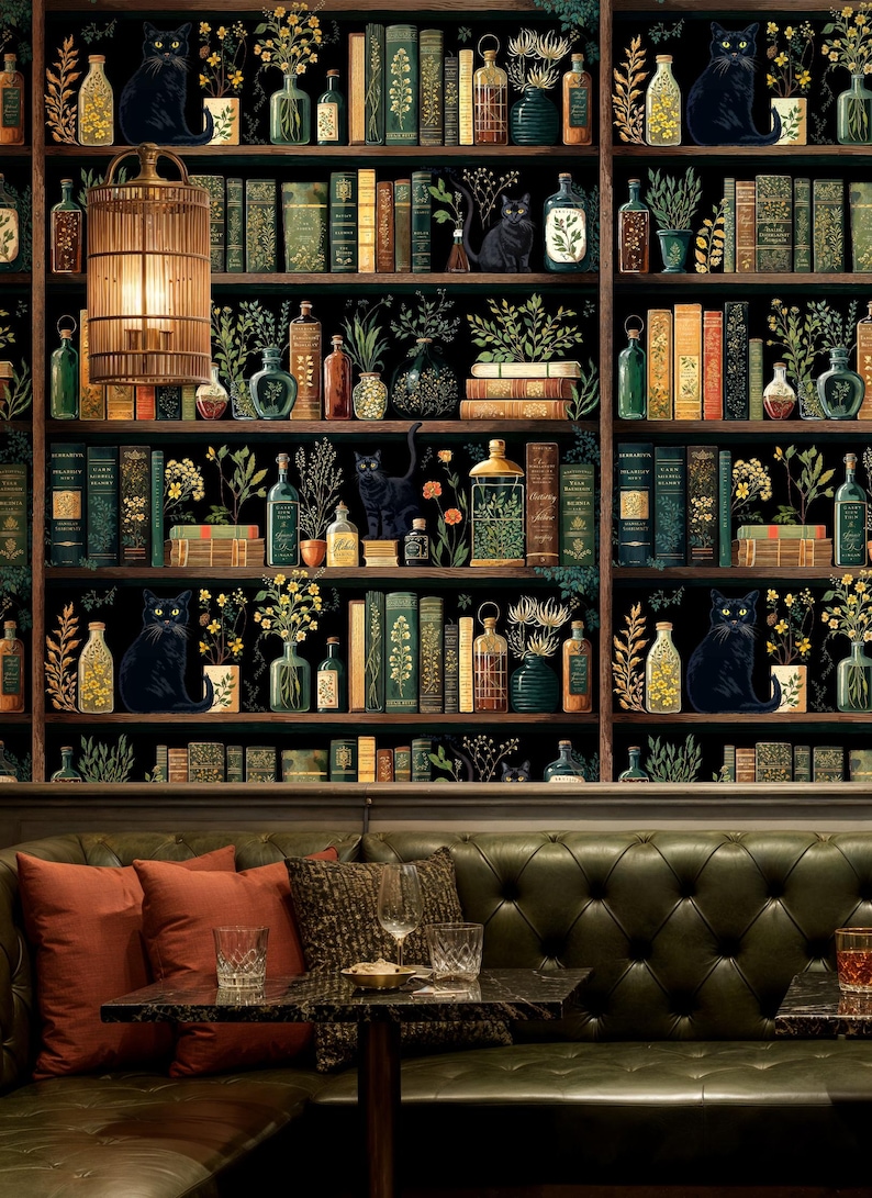 Whimsical Apothecary Cat Peel and Stick Wallpaper, Witchy Dark Academia ...