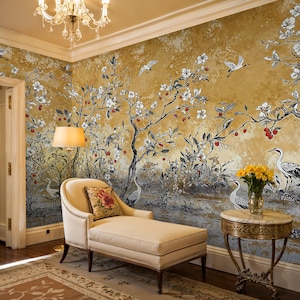 Kranich Vögel Chinoiserie Tapete zum Abziehen und Aufkleben, Asiatische Granatapfel Tapete, Kranich Abnehmbare Tapete, Traditionelle Chinesische Tapete