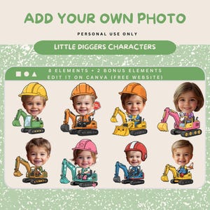 Può includere: Illustrazione digitale con volti di bambini su veicoli da cantiere a fumetti. Ogni bambino indossa un casco da lavoro. Il testo recita "ADD YOUR OWN PHOTO" e "LITTLE DIGGERS CHARACTERS".