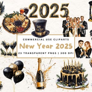 Clipart aquarelle nouvel an Happy New Year PNG Clipart du nouvel an 2025 Décoration de fête du nouvel an Set de cliparts nouvel an paillettes d'or nouvel an