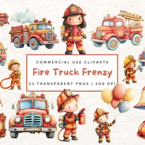 Camion de pompier aquarelle Clipart PNG mignons pompiers Clipart camion de pompier rouge aquarelle Clipart Bundle pompiers camion de pompier bouche d'incendie camion de pompier