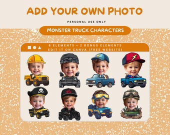 Décorations pour cupcakes Monster Truck, ajoutez votre propre photo, décorations d'anniversaire pour garçons, décoration de fête sur le thème de course, imprimable en photo personnalisée, pics à cupcakes