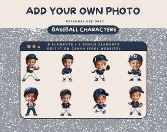 May include: A set of 10 customizable baseball character illustrations. Each character is wearing a blue and gold baseball uniform and has a blank space for a photo to be added. The text "ADD YOUR OWN PHOTO" and "BASEBALL CHARACTERS" is at the top of the image. The text "8 ELEMENTS + 2 BONUS ELEMENTS" and "EDIT IT ON CANVA (FREE WEBSITE)" is in the middle of the image.