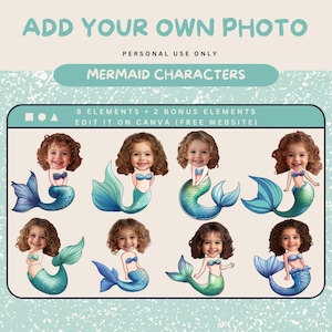 Mermaid Add Your Photo Kids Fantasy Face Cut Out Personalized Cupcake Topper Custom PNG Clipart Add Your Own Photo Mermaid Birthday Clipart