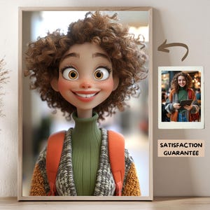 May include: A digital illustration of a cartoon girl with curly brown hair wearing a green turtleneck sweater and a brown, orange, and white patterned cardigan. The image is framed and includes the text "Satisfaction Guarantee".