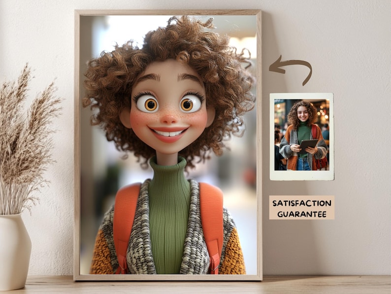 May include: A digital illustration of a cartoon girl with curly brown hair wearing a green turtleneck sweater and a brown, orange, and white patterned cardigan. The image is framed and includes the text "Satisfaction Guarantee".