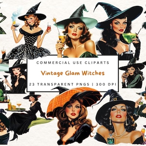 Ensemble de cliparts PNG sorcière rétro des années 50, clipart aquarelle de sorcière des années 50, illustrations magiques de sorcière d'Halloween, sorcières vintages, sorcières glam rétro
