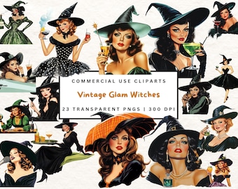 May include: A set of 23 digital clipart images featuring vintage glam witches in various poses and outfits. The witches are wearing black, green, and red dresses with hats and accessories. The images are in PNG format and are 300 DPI.