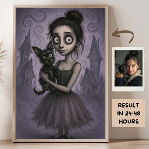 May include: Framed print with a gothic illustration of a girl in a dark dress and tutu, holding a small black dog. Spooky houses form the background. The text "RESULT IN 24-48 HOURS" is also visible on the print.