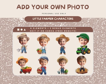 Decoración para fiesta de cumpleaños de granjero. Agrega tu propia foto. Adorno para cupcakes personalizado. Adorno para cara de tractor. Descarga digital imprimible. Foto para cupcakes.