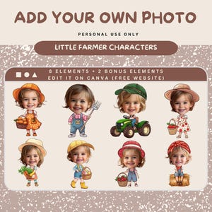 Op de afbeelding: Digitale illustratie met acht cartoon boerenkarakters, elk met een andere outfit en accessoire, zoals een mand met wortelen, een hooivork en een tractor. Tekst bovenaan luidt "ADD YOUR OWN PHOTO".