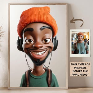 May include: A digital illustration of a cartoon person with brown skin wearing a bright orange beanie, headphones, and a green shirt. The person is smiling and has a backpack on. The image is a digital illustration of a person.