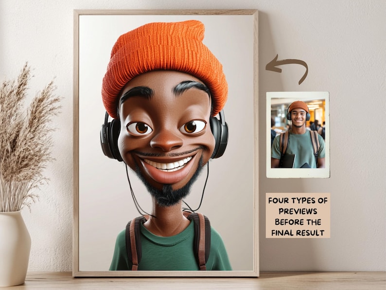 May include: A digital illustration of a cartoon person with brown skin wearing a bright orange beanie, headphones, and a green shirt. The person is smiling and has a backpack on. The image is a digital illustration of a person.