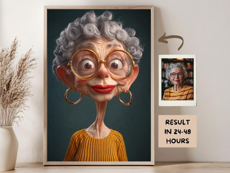 May include: A cartoon illustration of an older woman with gray hair, wearing large round glasses and a yellow and brown striped shirt. The image is framed and there is a smaller image of the same woman in a more realistic style in the corner.