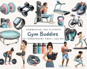 Akvarell Fitness Clipart Träning PNG Set Gymutrustning PNG Fitness Illustration Digital Nedladdning Boxningskonstverk Digital Planner Träning