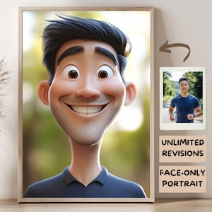May include: A cartoon portrait of a person with a smiling face. The portrait is in a frame and there is a smaller image of a person running in the background. The text "Unlimited Revisions" and "Face-Only Portrait" is below the smaller image.