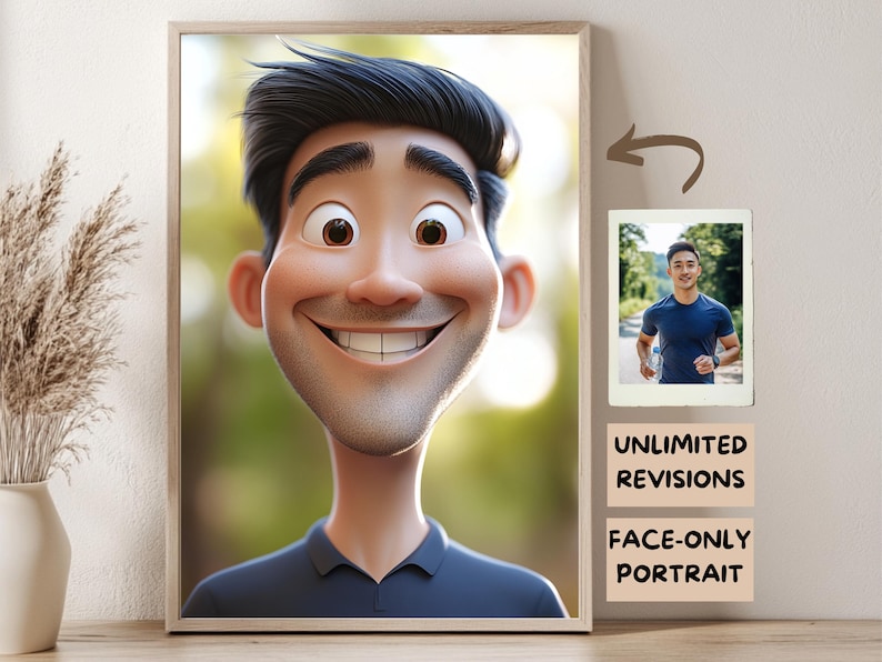 May include: A cartoon portrait of a person with a smiling face. The portrait is in a frame and there is a smaller image of a person running in the background. The text "Unlimited Revisions" and "Face-Only Portrait" is below the smaller image.