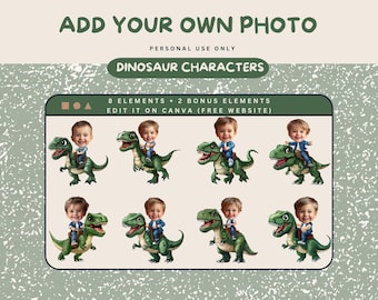 May include: Eight digital illustrations of green dinosaurs with different poses. Each dinosaur has a space for a photo to be added. The text "ADD YOUR OWN PHOTO" is at the top of the image. The text "PERSONAL USE ONLY" is below the first line of text. The text "DINOSAUR CHARACTERS" is below the second line of text. The text "8 ELEMENTS + 2 BONUS ELEMENTS" is below the third line of text. The text "EDIT IT ON CANVA (FREE WEBSITE)" is below the fourth line of text.