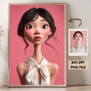 May include: A digital illustration of a cartoon woman with long black hair, wearing a white dress with a bow. The background is pink.