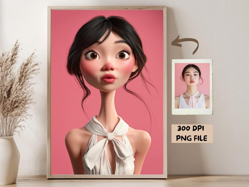 May include: A digital illustration of a cartoon woman with long black hair, wearing a white dress with a bow. The background is pink.