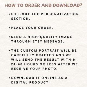 May include: A white background with black text explaining how to order and download a custom portrait. The text includes instructions to fill out the personalization section, place an order, send a high-quality image through Etsy message, and download the digital product.