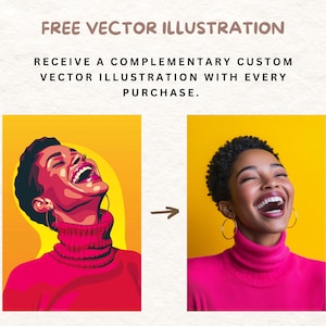 May include: A digital illustration of a person laughing with their head tilted back. The person is wearing a pink turtleneck sweater and has short, dark hair. The background is yellow.